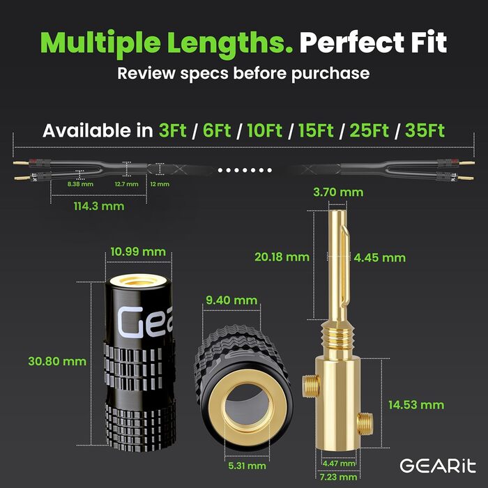 Акустичний кабель GEARit OFC 2x6 мм² (14 AWG) з позолоченими банановими роз'ємами, HiFi аудіо кабель для колонок, 3 м, чорний, 2 шт. в комплекті