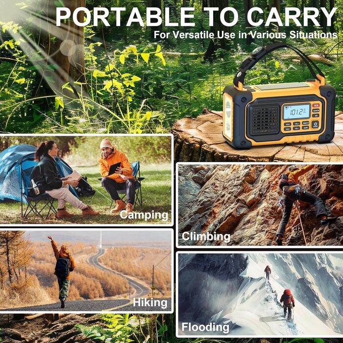 Радіо для надзвичайних ситуацій, AM/FM/SW/NOAA: радіо з ручним заводом, 37000 мWh, USB/сонячна/ручна зарядка, живлення від AAA-акумулятора, SOS-сигнал та ліхтарик для дому та вулиці