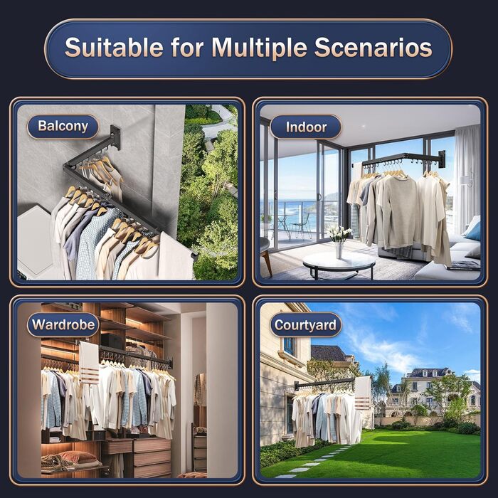 Настінна сушилка для білизни розкладна та складна, з алюмінію, 100 кг, з білими гачками (Black-hooks)