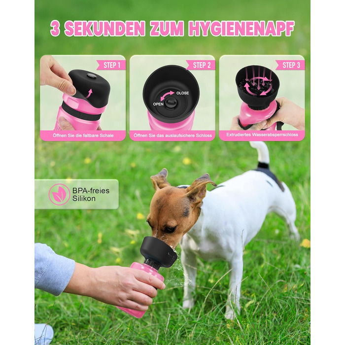 Складана пляшка для води для собак Lesotc 520мл, рожева, для прогулянок, подорожей та кемпінгу