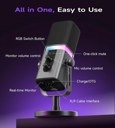 Професійний USB/XLR мікрофон Mailangshi для подкастів, стрімінгу та ігор з RGB підсвіткою та металевим корпусом