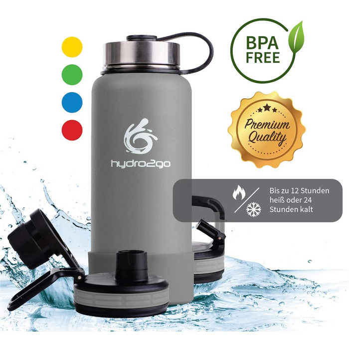 Термофляга Hydro2Go Edelstahl X-AlpsBottle 1000 мл, сіра, з 3 кришками, вакуумна ізоляція