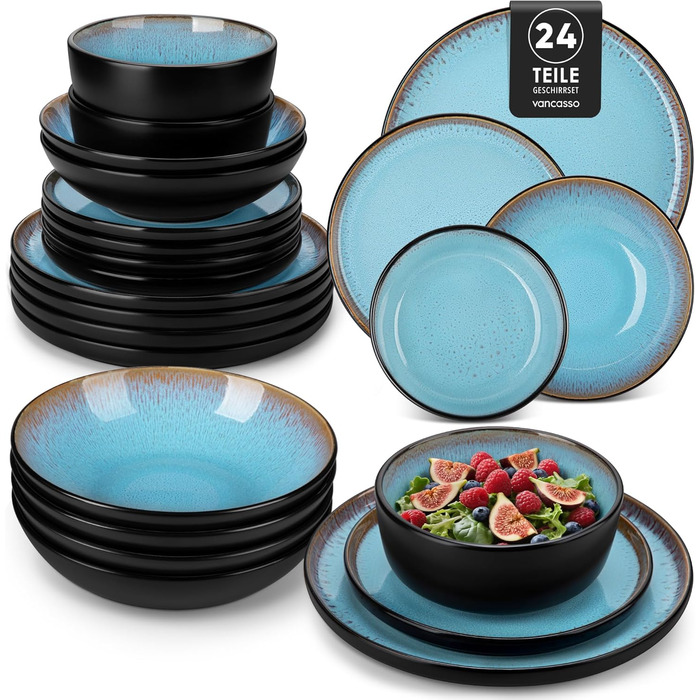 Набір посуду Steingut 24 штуки Vancasso AMBER: тарілки, супові тарілки, десертні тарілки, миски, реактивна глазур, морський блакитний, для 6 осіб, стійкий до миття в посудомийній машині