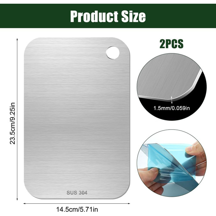 Нержавійна дошка для нарізання з нержавіючої сталі, 2 шт. (14,5 x 23,5 см), Titanium, двостороння, легко миється, антибактеріальна, для м'яса, овочів, фруктів