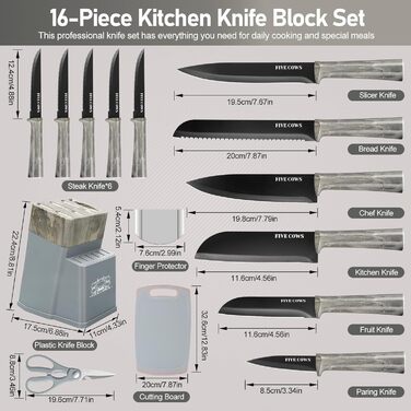 Набір кухонних ножів Messerblock з 16 частинами, з дерев'яною підставкою, дощечкою, захистом пальців, точилкою та кухонними ножицями, професійний набір ножів для дому (зелений, блакитний)