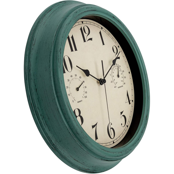 Foxtop Funk Wall Clock, Indoor Outdoor Weatherproof Wall Clock with Temperature Display and Hygrometer, No Ticking Sound Silent Retro Clock for Terrace Bathroom Kitchen Living Room Home Decor (Bronze, 30cm) (Green)