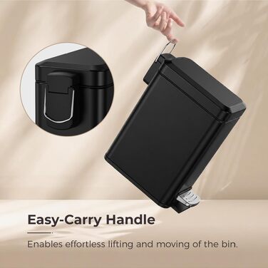 Смітник для ванної кімнати чорний, 5 л, педальний з кришкою Soft-Close та виймаючим внутрішнім відром, компактний для кухні та спальні