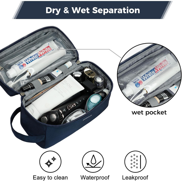 Чоловіча дорожня косметичка ECOHUB, водонепроникна, з відділенням для мокрого та сухого, двома блискавками, темно-синя, L