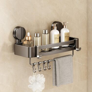 Поличка для душу без свердління, кутова поличка для ванної кімнати з присосками, органайзер для душу з тримачем для рушників та знімними гачками (2 шт., сірий) (Прямокутна – 1 шт.)