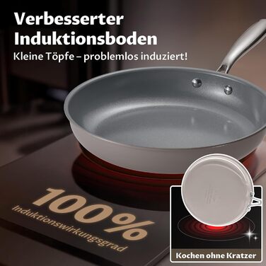 Набір сковорідок Induktion 5-ти частинний, антипригарне покриття, 20/24/28 см, молекулярно зв'язане дно, без PTFE, сумісний з усіма плитами, для духовки, сірий