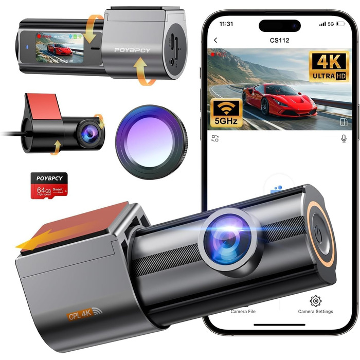 Відеореєстратор Auto Dashcam 4K WiFi з SD 64GB, 360° обертання, CPL, Super Night Vision, WDR, 170° та G-Sensor