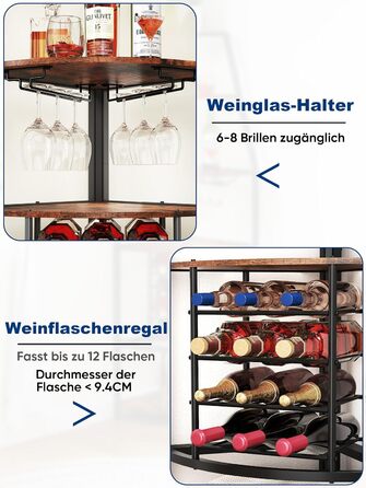 Стеллаж для вина Nisorpa на 12 пляшок, 5-ярусний кутовий, з тримачем для келихів, вінтажний коричнево-чорний