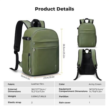 Рюкзак для камери K&F CONCEPT: компактний, легкий, з захистом від дощу, для DSLR/SLR, зелений, з імітацією шкіри