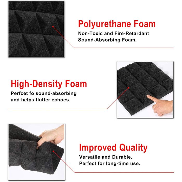 Звукопоглинаючі панелі AGPtEK, акустичний поролон для студії, офісу та кімнати (24 шт, 25x25x5 см, сірий та чорний)