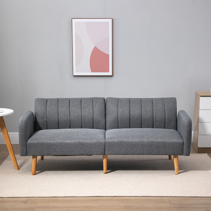 HOMCOM Sleeper Sofa, Convertible Sofa for 2 People, Sofa Bed with Sleeping Function, Linen-like Polyester, Rubber Wood, Grey, 173x75x73cm | Aosom