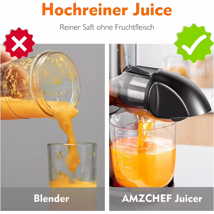 AMZCHEF Juicer - Vegetable and Fruit Test Winner - Slow Juicer with Reverse-Mastication Function - Gentle Crushing Without Filtering - Electric Juice Press with Brush and 2 Cups - Vibrant Orange