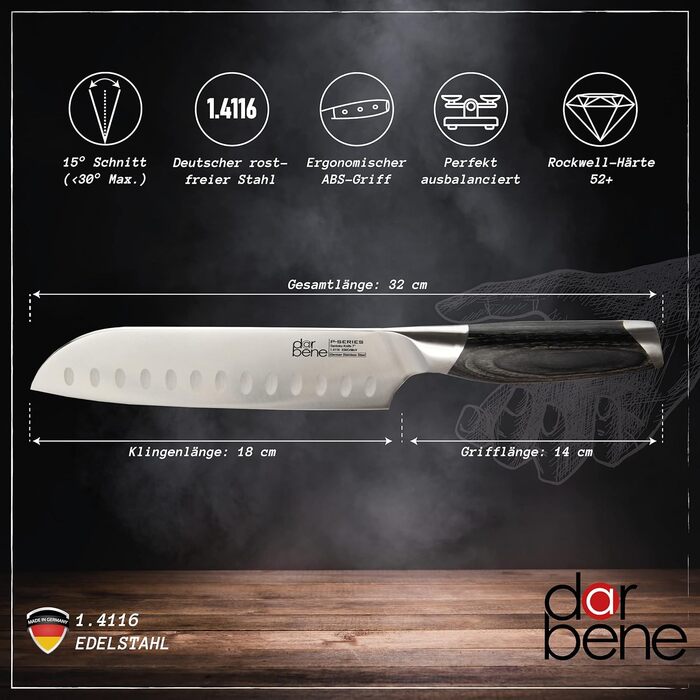 Ніж Сантоку DarBene P-Series 18 см: професійний кухонний ніж з нержавіючої сталі, ергономічна ручка з пака-дерева, для дому та ресторанів, заточується