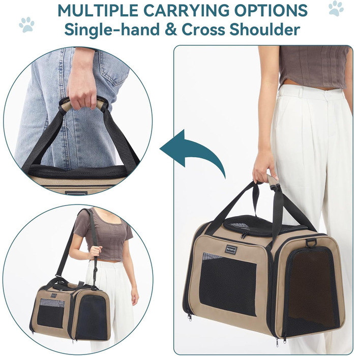 Транспортна переноска для котів та маленьких собак Petfit - легка переноска для подорожей літаком, з ременем безпеки та розкладною підстилкою, колір хакі (L)