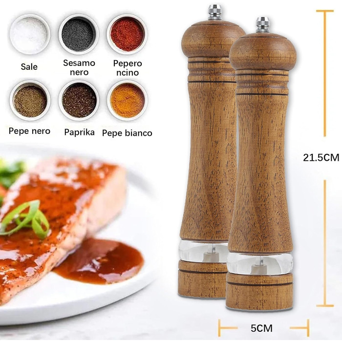 Двосекційна дерев'яна мельниця для солі та перцю з регульованим керамічним жорном та акриловим вікном, велика для перцю, морської солі та спецій