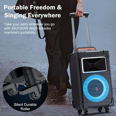 Караоке система JYX з 2 бездротовими мікрофонами, великим гучномовцем, Bluetooth, колесами та диско-світлом, сабвуфером PA, підтримкою TWS/USB/SD/AUX/Rec (Чорний)