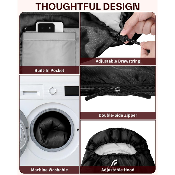 Сплячий мішок Sportneer Outdoor - ковдровий спальний мішок 3-4 сезони для дорослих, теплий, для кемпінгу, подорожей та активного відпочинку, 200x85 см, чорний