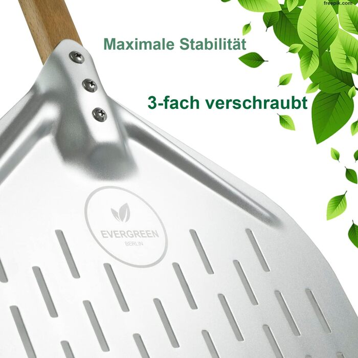 EVERGREEN BERLIN® - Pizza Peel - THE ORIGINAL - Perforated Pizza Peel - Pizza Lifter made of Aluminum and Beechwood - Perforated Pizza Shovel for Pizza Passion - Pizza Turner - Pizza Shovel - Pizza Peel