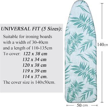 Чохол для прасувальної дошки, 140 x 50 см, великий, з бавовни, товста підкладка, простий у використанні, стійкий до подряпин, зелені листки, розмір L