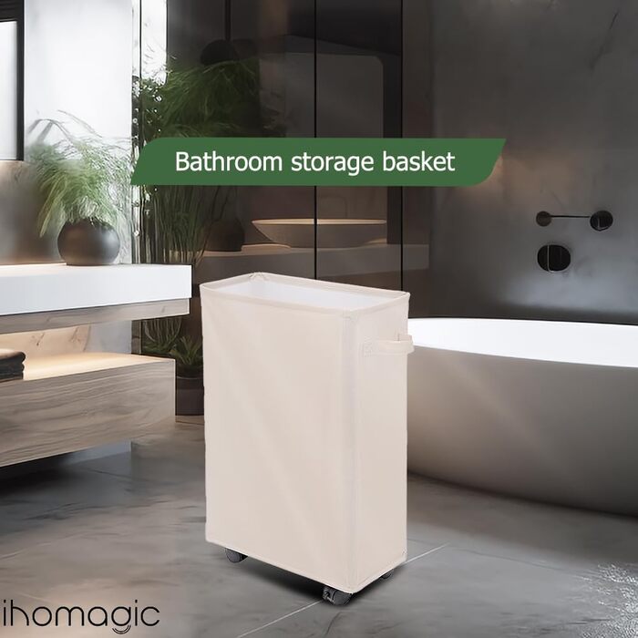 IHOMAGIC кошик для білизни 40 л з колесами, складаний, прямокутний, бежевий, для ванної та спальні