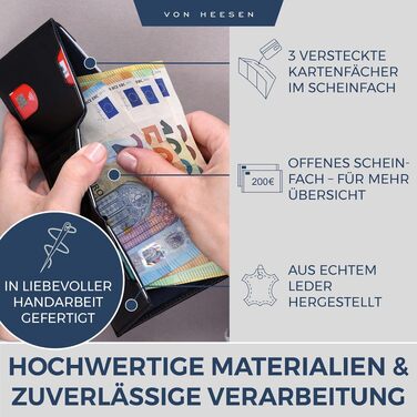 Шкіряний тонкий гаманець VON HEESEN з RFID-захистом, компактний картхолдер для чоловіків та жінок, чорний (гладка шкіра, XL відділення для монет)