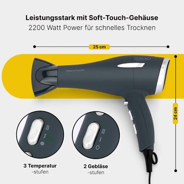 Фен Profi Care PC-HT 3045 сірий антрацит/срібло: 2200W, 3 режими, Cool Shot, насадка для укладки, 2 фільтри