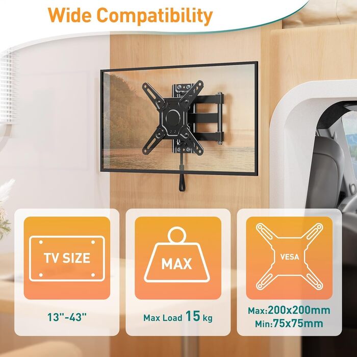 Тримач для телевізора в кемпер ELIVED поворотний, для екранів 33-109 см (13-43 дюйми), з фіксацією, настінний