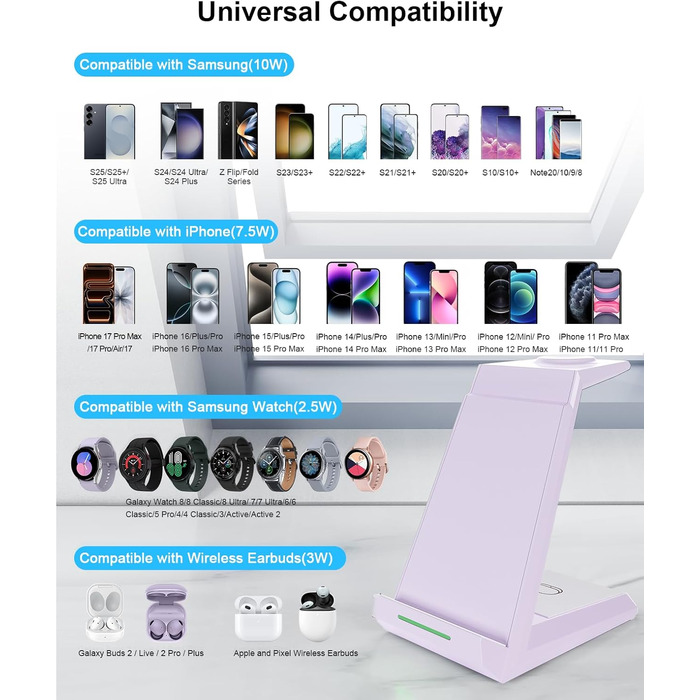 Зарядна станція NANAMI 3-в-1 для Samsung Galaxy Watch, Buds та смартфонів (S25, S24, S23) - бездротова, індукційна, фіолетова
