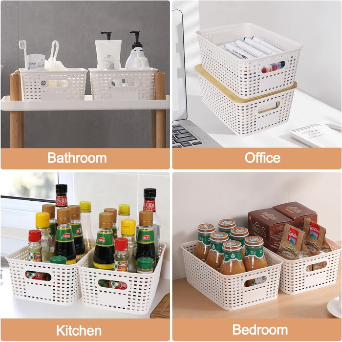 UHAPEER Storage Box with Bamboo Lid, 6 Piece Storage Basket, Plastic Basket Storage, Kitchen Organizer White, Stackable Storage Boxes, Box with Lid 25.6 x 18 x 10.7 cm