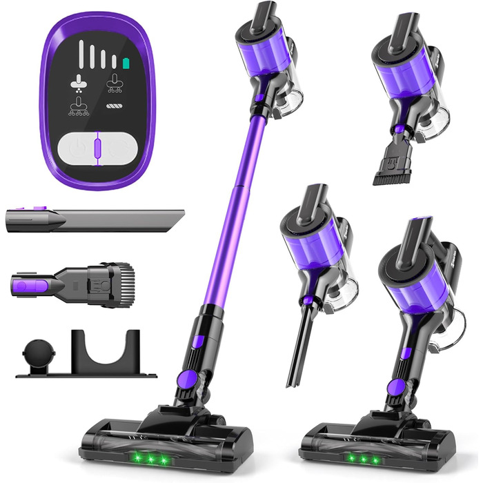 Бездротовий акумуляторний пилосос Hearten 4-в-1 з LED дисплеєм та антизаплутувальною насадкою, сенсорне управління, для видалення шерсті тварин, килимів та твердих поверхонь (фіолетовий)