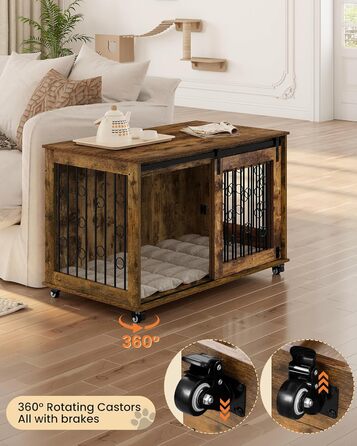 Клітка для собак EUGAD, 100 см, з 2 дверцятами та 5 колесами, для великих, середніх та маленьких собак, декоративна переноска для дому, вінтажний коричневий колір