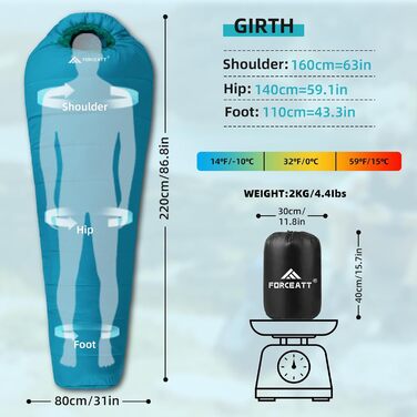 Сплячий мішок Forceatt -10°C~15°C, 4 сезони, для дорослих, водонепроникний, ультралегкий, для кемпінгу, подорожей, туризму та відпочинку. -10°C, синій