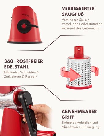 Тертка для сиру GDL з ручкою, оновлена терка для овочів з 5 дисками, терка-нарізач для овочів, зручна та швидка, терка для сиру, морозива, горіхів, огірків, моркви (червона)