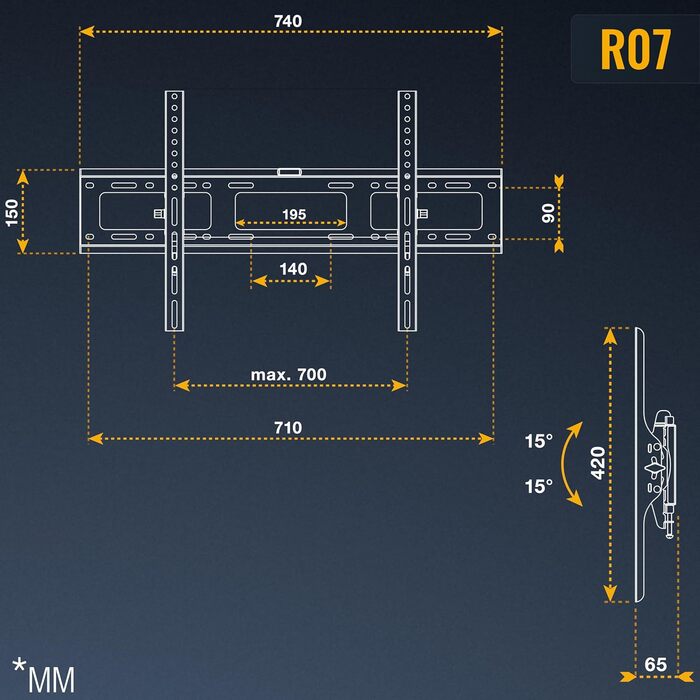 Кріплення для телевізора RICOO R07: нахильний тримач для телевізорів 37-80 дюймів, VESA 600x400, до 100 кг, універсальний, slim, для OLED, Curved, Flach