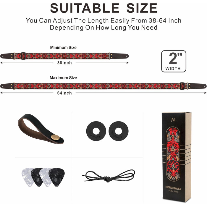 Гітарний ремінь Nefelibata: 2 шт., вишиті, з повним шкіряним краєм, прихованою кишенею, для бас-, електро- та акустичних гітар, безкоштовна пряжка, замок та медіатори. Червоний ретро-квітка