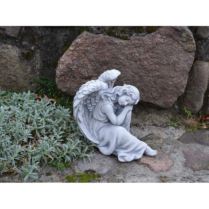 gartendekoparadies.de Sleeping Angel, Stone Figure H. 25 cm, 6 kg, Grey, frost-proof made of cast stone for outdoor use