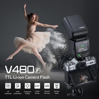 Спалахувач Godox V480F TTL для камер Fujifilm, сенсорний екран, гнучкий поворотний наголовник, дифузор, GN50, HSS 1/8000s, до 650 спалахів на повній потужності, час перезарядки 1.7 сек.