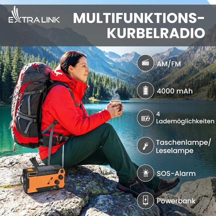 Радіо Extralink Kurbelradio: аварійне радіо з сонячною панеллю та ручкою, акумулятор 4000 mAh, FM/AM, LED ліхтарик, SOS сигнал. Для блекауту, кемпінгу та відпочинку на природі