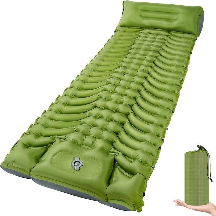 MEIJO Килимок для кемпінгу самонадувний, ізомат, туристичний килимок для сну, легкий, з насосом, для відпочинку на природі, у наметі, на пляжі, блакитний & сірий (зелений & сірий)