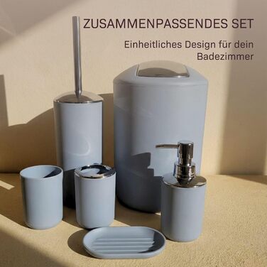 Набір аксесуарів для ванної кімнати 6 предметів, пластик, сірий: йоржик для унітазу, відро, стакан для зубних щіток, мильниця, дозатор для мила, піднос