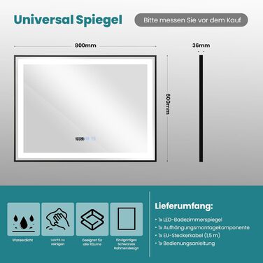 Дзеркало для ванної кімнати YU YUSING 60x80 см з підсвічуванням, проти запотівання, 3 кольори світла, регулювання яскравості, LED, годинник, IP44, металевий каркас, вертикальне, срібне