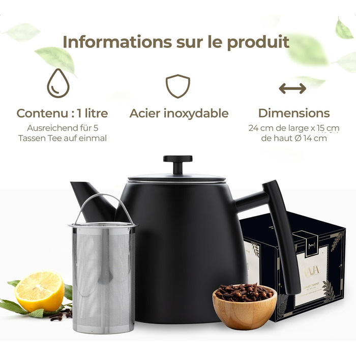 Teapot | Stainless Steel 1L | Teapot with Infuser | Stainless Steel Teapot | Stove for Teapot | Teapot with Stove | Tea Maker | Double-Walled (Black)