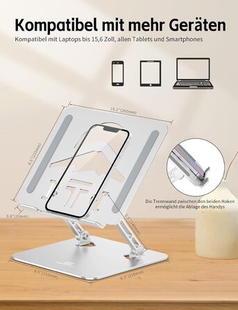 Підставка для ноутбука Ergonomic з алюмінію, регульована по висоті та складна, стабільна та з неслизьким покриттям, покращена вентиляція, сумісна з MacBook (до 15,6 дюймів), срібна
