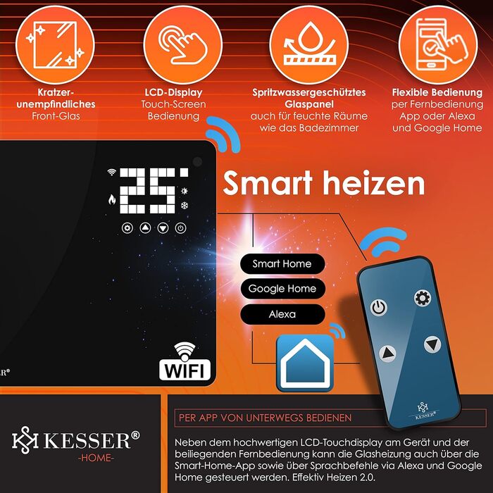 Електричний конвектор KESSER® з Wi-Fi, LCD-дисплеєм та пультом керування. Чорний, 2500 Вт. Можливість встановлення на стіну або на підлогу.