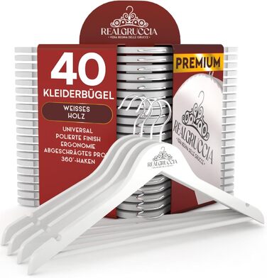 Дерев'яні вішаки RealGruccia 40 шт, антиковзні, білі, з перекладиною для штанів та піджаків, полірована поверхня, обертовий гачок, 22x45 см