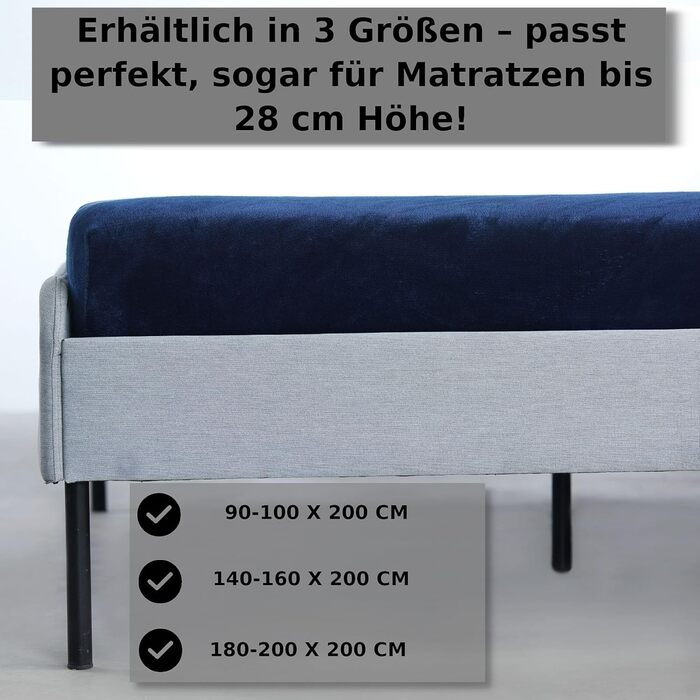 Kuscheli® - warm fitted sheets 180x200cm - 200x200cm Dark Blue, Blue, cozy winter cashmere-feel plush bed sheets - jersey fleece flannel fitted sheet
